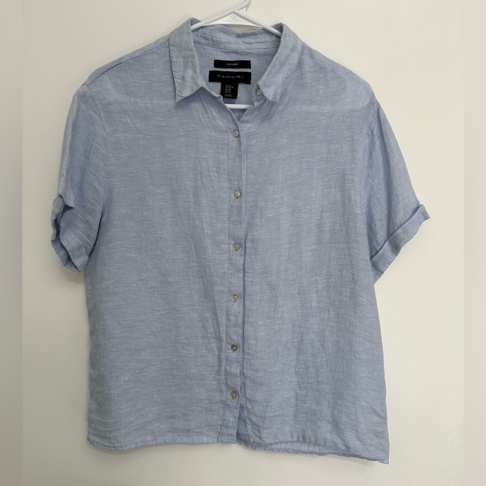 TAHARI 100% Light Blue Linen Button Up Short Sleeves Blouse Size XS